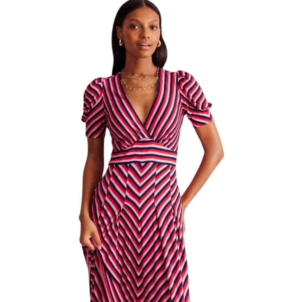 NWT Boden Kristen Pleated Jersey Dress Striped Red Pink Navy Romantic US 8R - Picture 11 of 15
